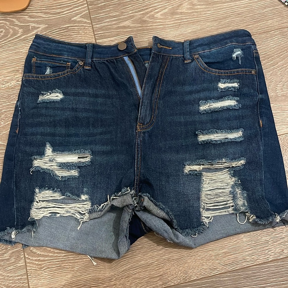Distressed ripped dark wash denim shorts